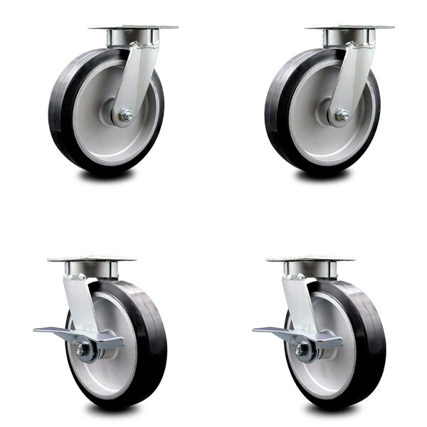 8 Inch Kingpinless Rubber on Aluminum Wheel Swivel Caster Set with 2 Brakes SCC